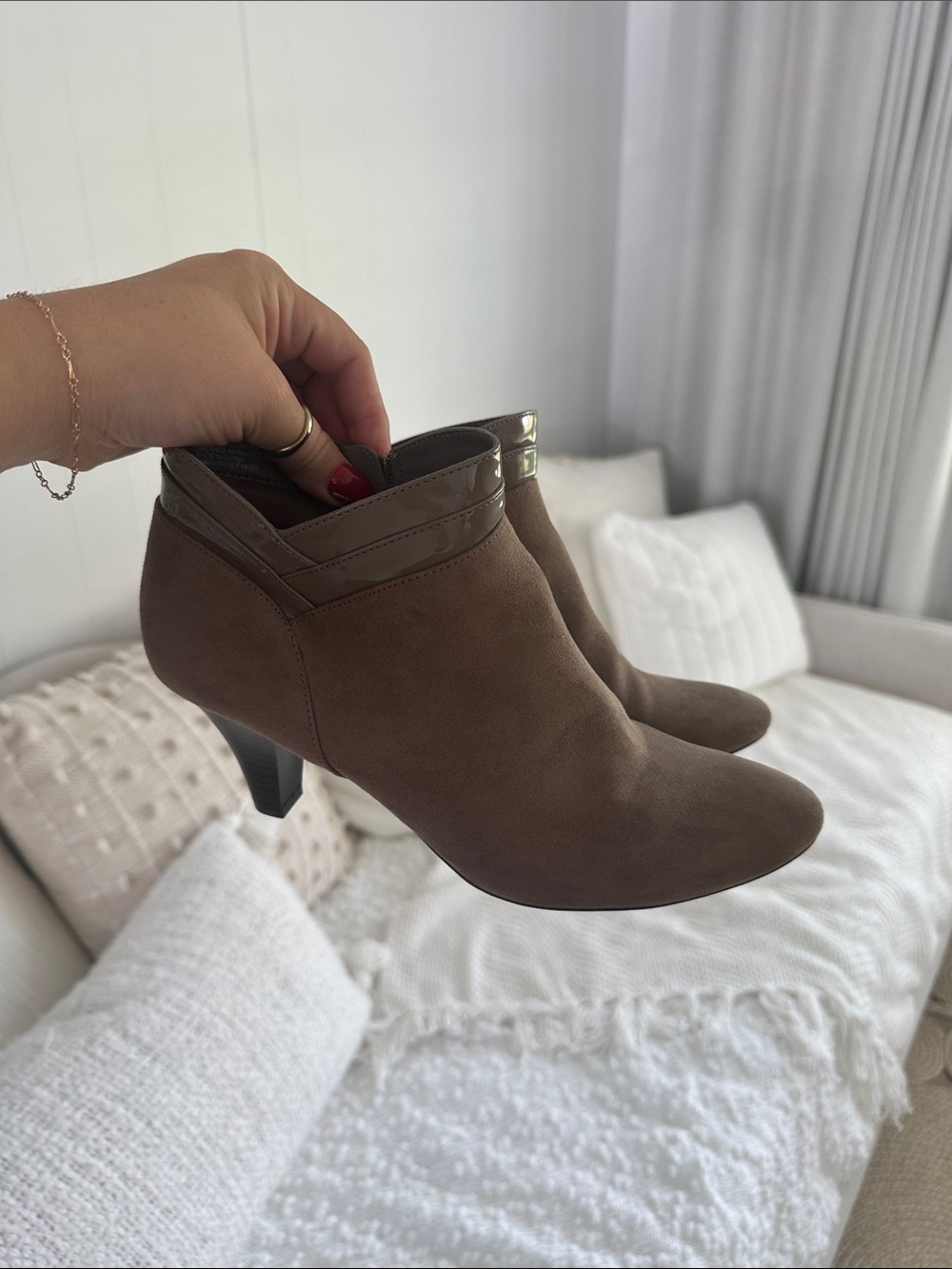 East 5th Brown Suede Ankle Booties with Patent Trim